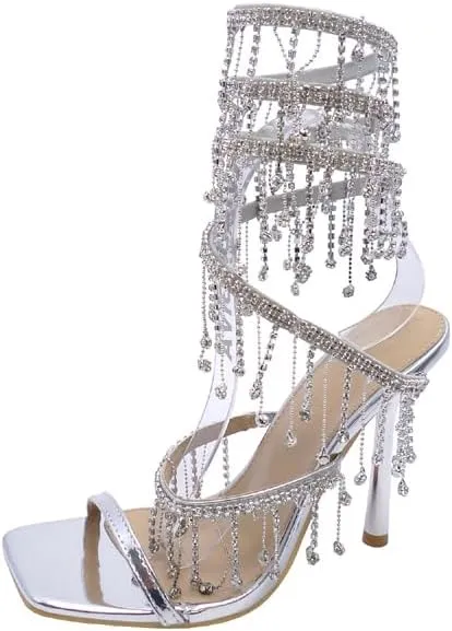 Wild Diva Women's Narala-51 Chandelier Embellished Rhinestone Spiral Coil Wrap Around Stiletto Heels