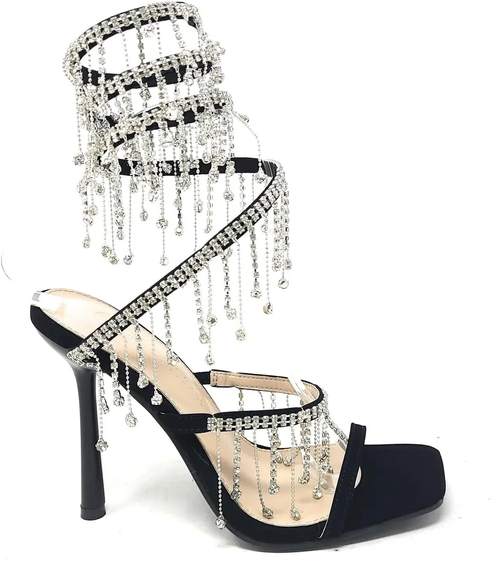 Wild Diva Women's Narala-51 Chandelier Embellished Rhinestone Spiral Coil Wrap Around Stiletto Heels