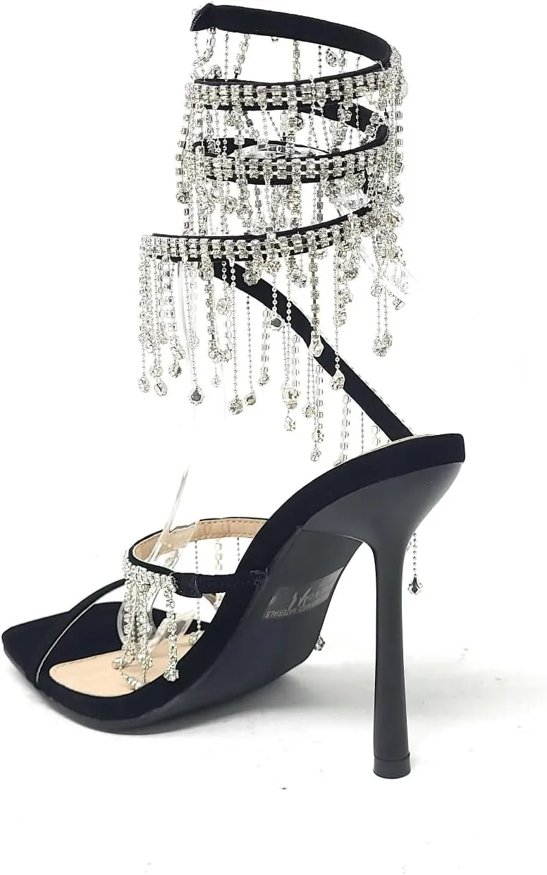 Wild Diva Women's Narala-51 Chandelier Embellished Rhinestone Spiral Coil Wrap Around Stiletto Heels