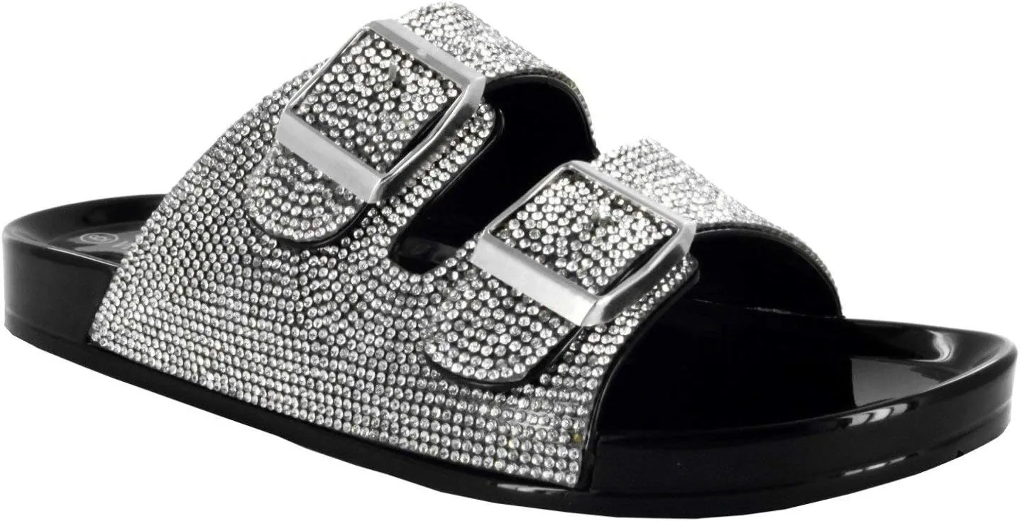 Wild Diva Women's Open Toe Fashion Jelly Glitter Rhinestones Summer Slide Sandals Flip Flops