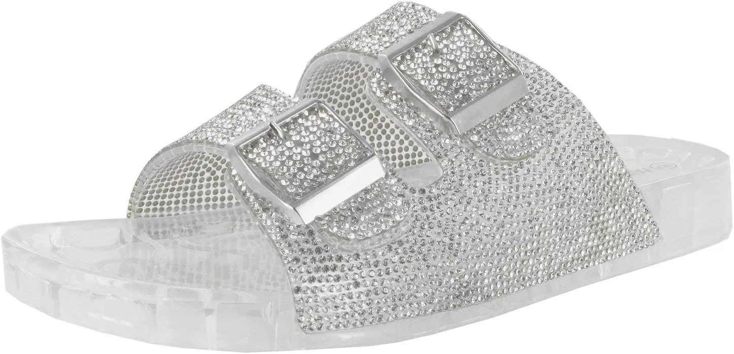 Wild Diva Women's Open Toe Fashion Jelly Glitter Rhinestones Summer Slide Sandals Flip Flops