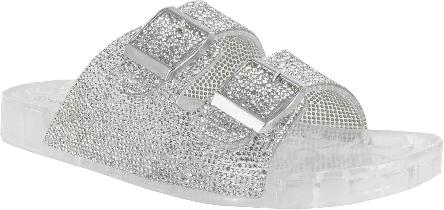 Wild Diva Women's Open Toe Fashion Jelly Glitter Rhinestones Summer Slide Sandals Flip Flops
