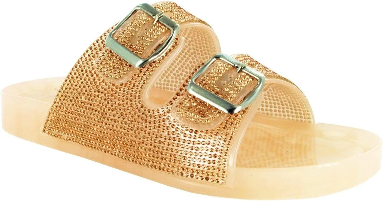 Wild Diva Women's Open Toe Fashion Jelly Glitter Rhinestones Summer Slide Sandals Flip Flops