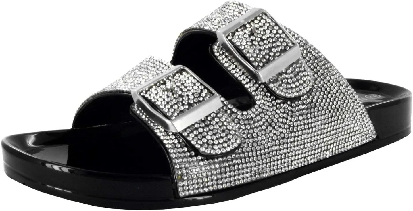 Wild Diva Women's Open Toe Fashion Jelly Glitter Rhinestones Summer Slide Sandals Flip Flops