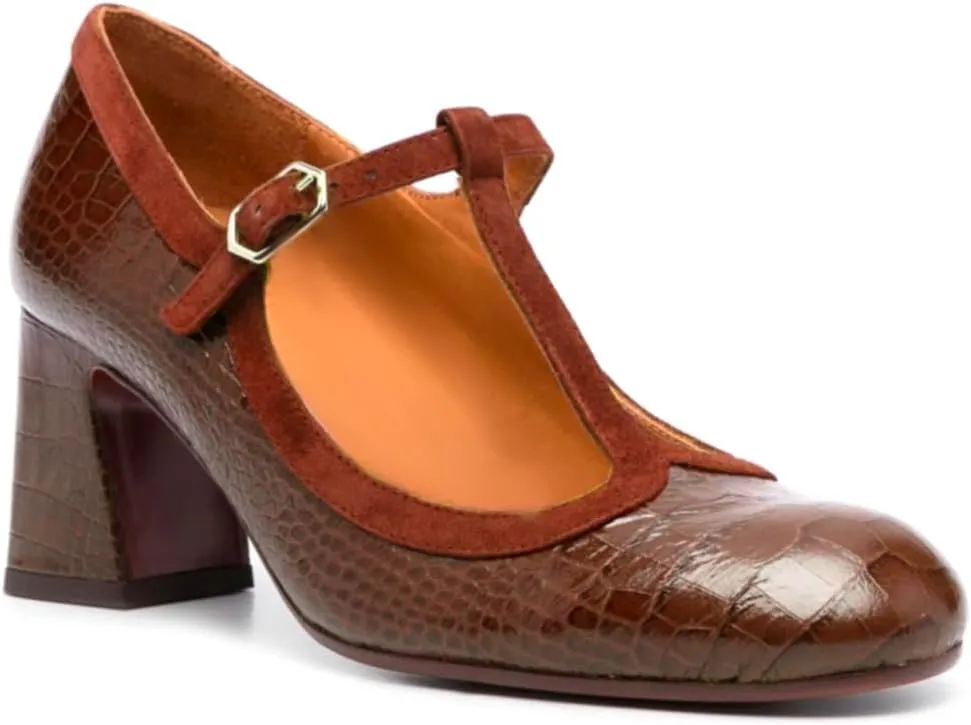 Women Chunky Heel Mary Janes Pumps Crocodile Closed Round Toe Ankle T-Strap Mary Janes Cut Out 3 inch Block Heel Sandals Buckle Strap Stone Pattern Vintage Wedding 4-11 M US