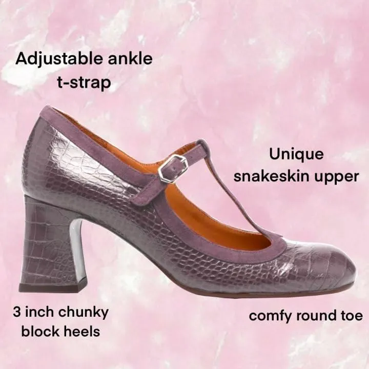 Women Chunky Heel Mary Janes Pumps Crocodile Closed Round Toe Ankle T-Strap Mary Janes Cut Out 3 inch Block Heel Sandals Buckle Strap Stone Pattern Vintage Wedding 4-11 M US