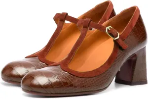 Women Chunky Heel Mary Janes Pumps Crocodile Closed Round Toe Ankle T-Strap Mary Janes Cut Out 3 inch Block Heel Sandals Buckle Strap Stone Pattern Vintage Wedding 4-11 M US