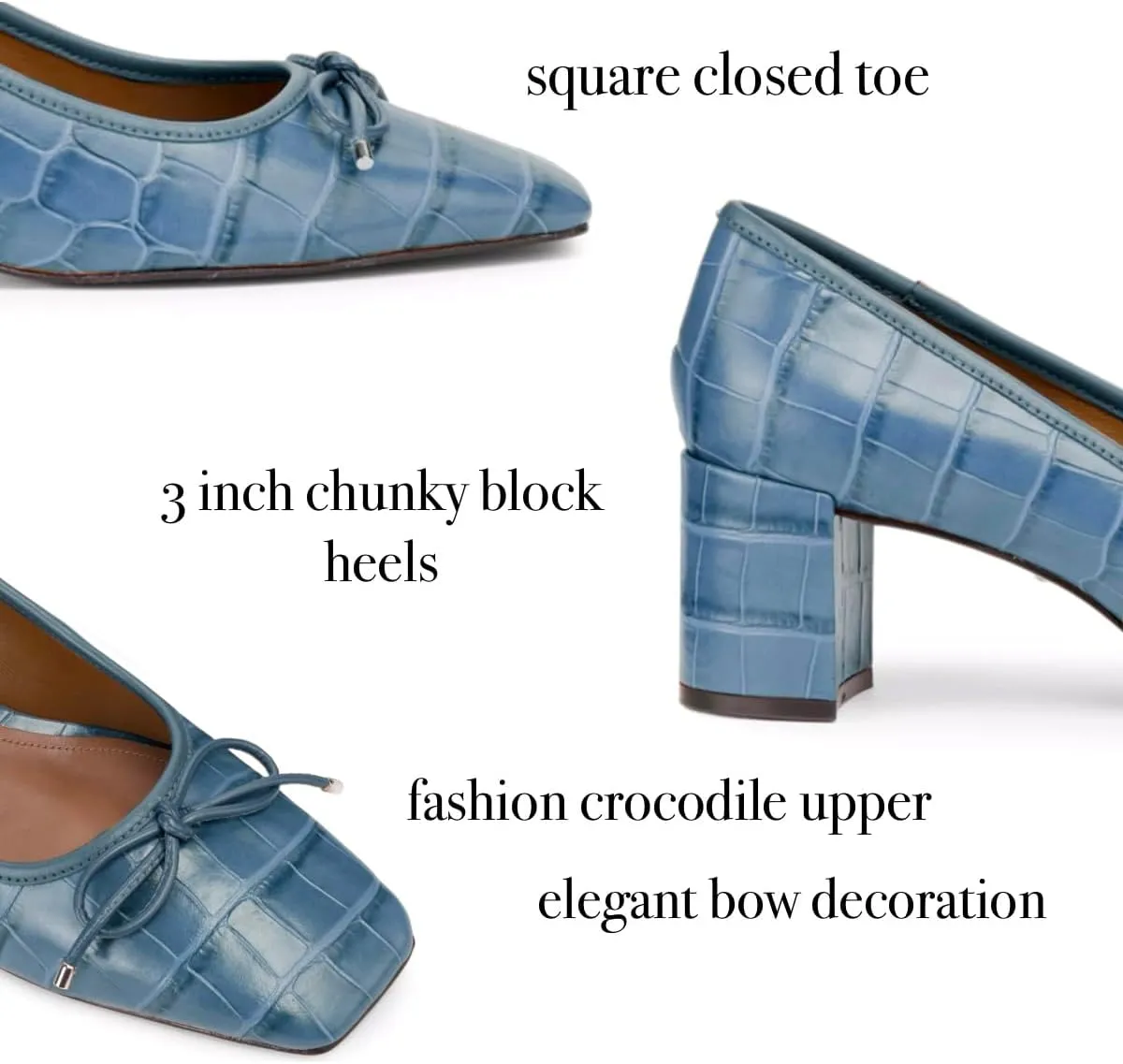 Women Fashion Chunky High Heel Pumps Square Toe Bow Dress Pumps Crocodile Closed Toe Heeled Sandals 3 Inch Block Heels Slip On Dress Shoes Sexy Comfy Office Ladies Party 4-11 M US
