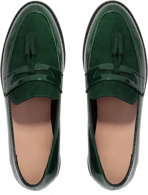 Women Low Chunky Heel Loafer Shoes Tassel Round Toe Slip On Dress Loafers Fringe 1" Block Low Heel Dress Loafers Patent Suede Penny Loafers Comfort Office Shoes Classic 4-11 M US