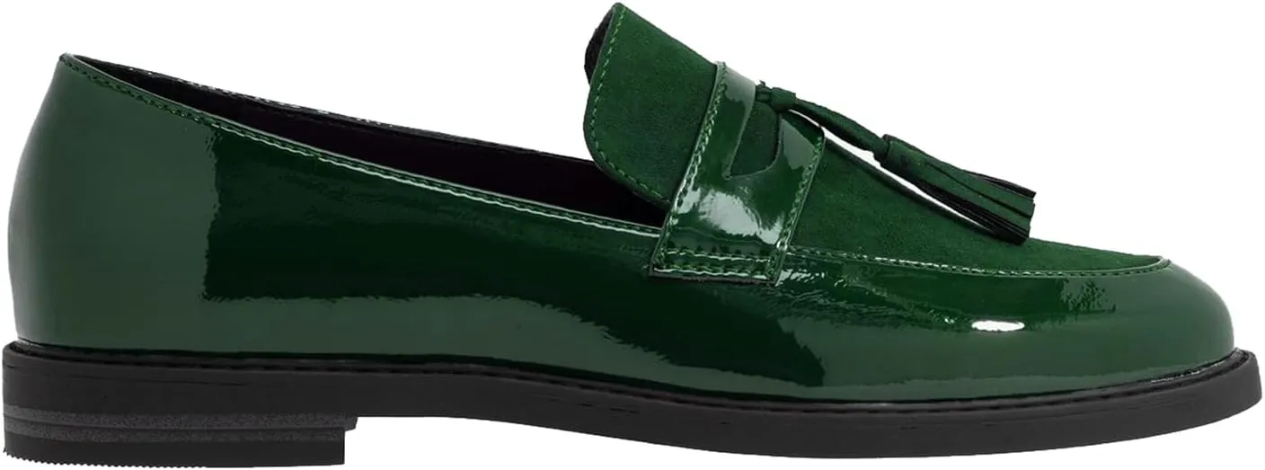 Women Low Chunky Heel Loafer Shoes Tassel Round Toe Slip On Dress Loafers Fringe 1" Block Low Heel Dress Loafers Patent Suede Penny Loafers Comfort Office Shoes Classic 4-11 M US