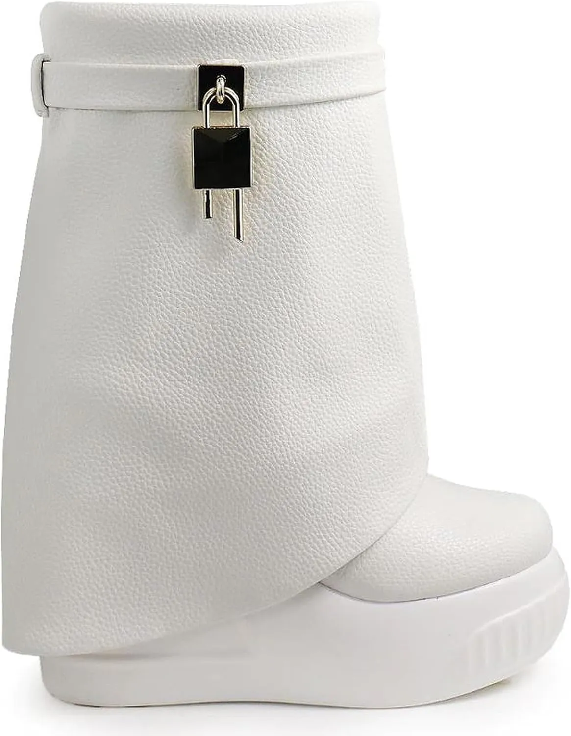 Women Round Toe Wedge Heel Fold Over Mid-calf Pull On Boots