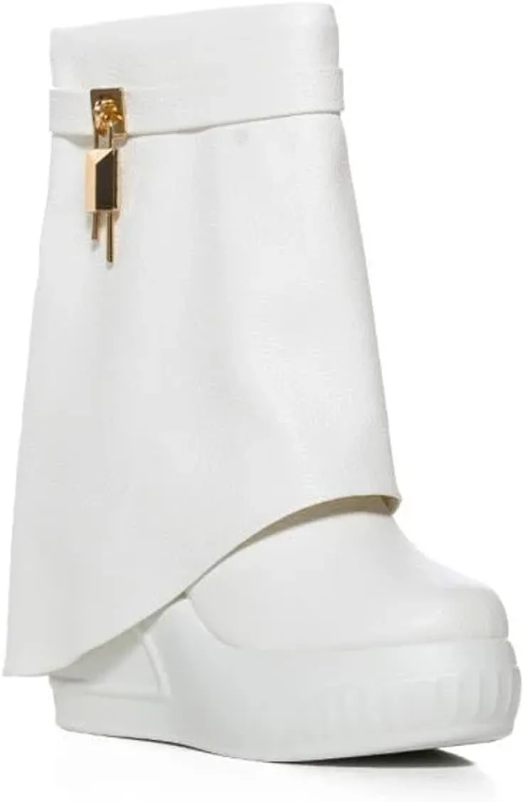 Women Round Toe Wedge Heel Fold Over Mid-calf Pull On Boots