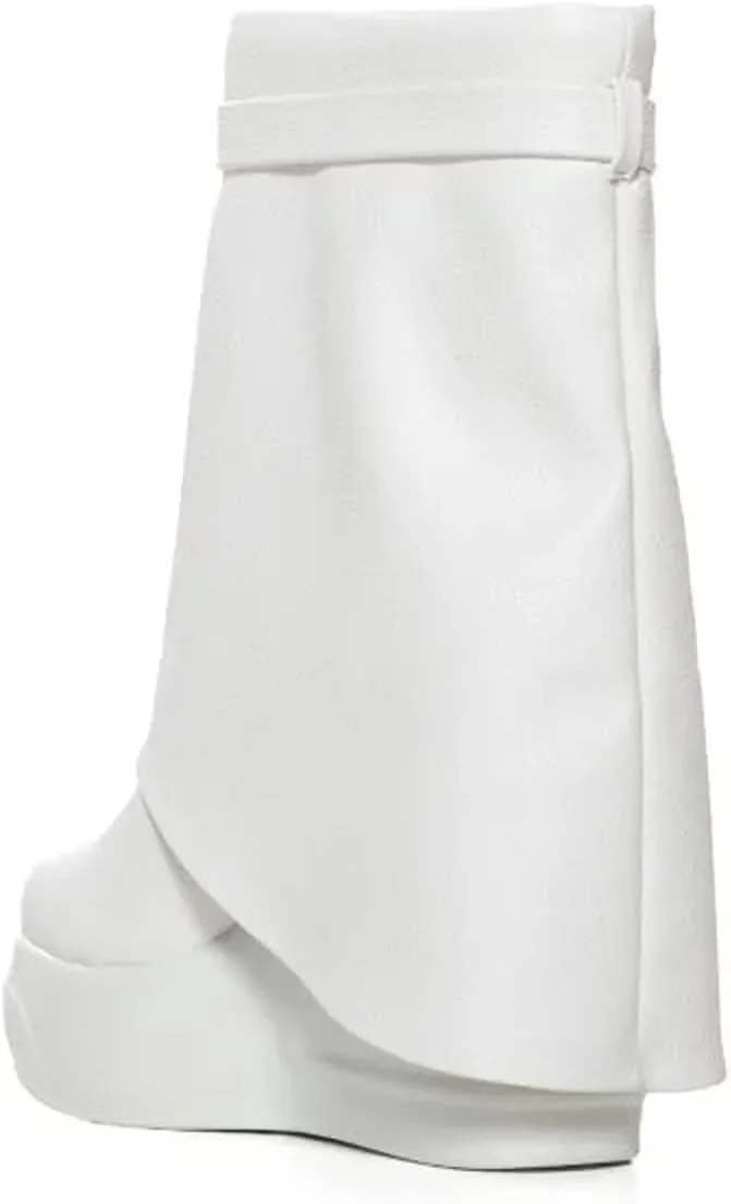 Women Round Toe Wedge Heel Fold Over Mid-calf Pull On Boots
