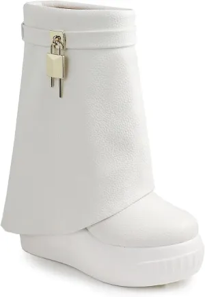 Women Round Toe Wedge Heel Fold Over Mid-calf Pull On Boots
