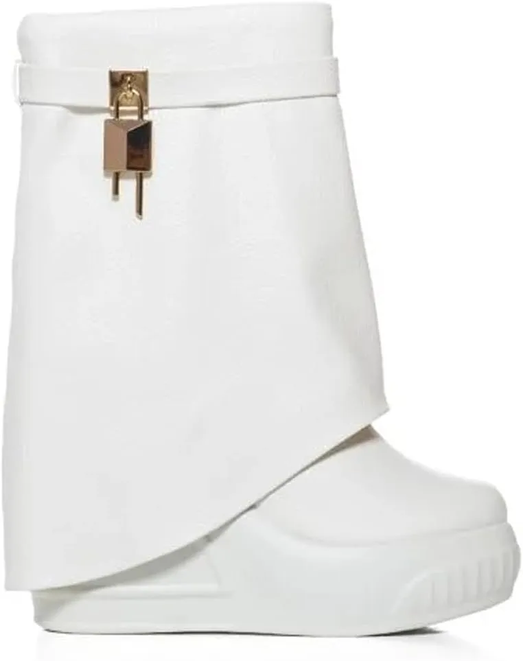 Women Round Toe Wedge Heel Fold Over Mid-calf Pull On Boots