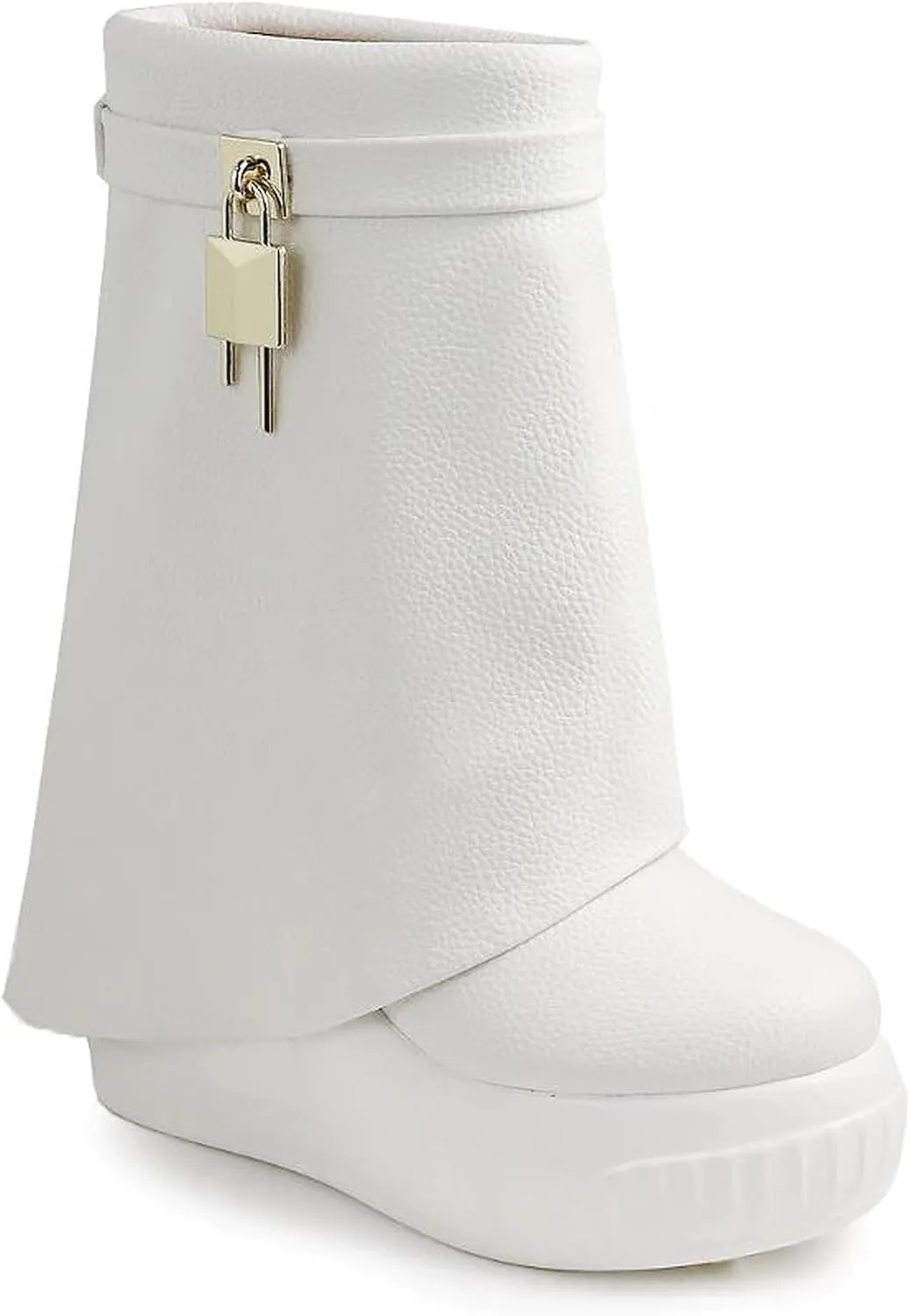 Women Round Toe Wedge Heel Fold Over Mid-calf Pull On Boots