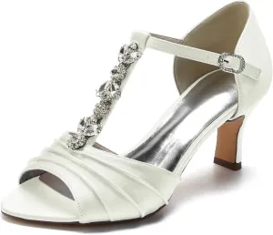 Women T-Strap Mid Heel Pumps Peep Toe Rhinestones Pleated Satin Evening Wedding Bridal Sandals,Ivory,12