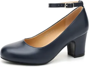 Women's Ankle Strap Closed Round Toe Pumps Low Chunky Block Heels Comfort Wedding Party Dress Evening Shoes