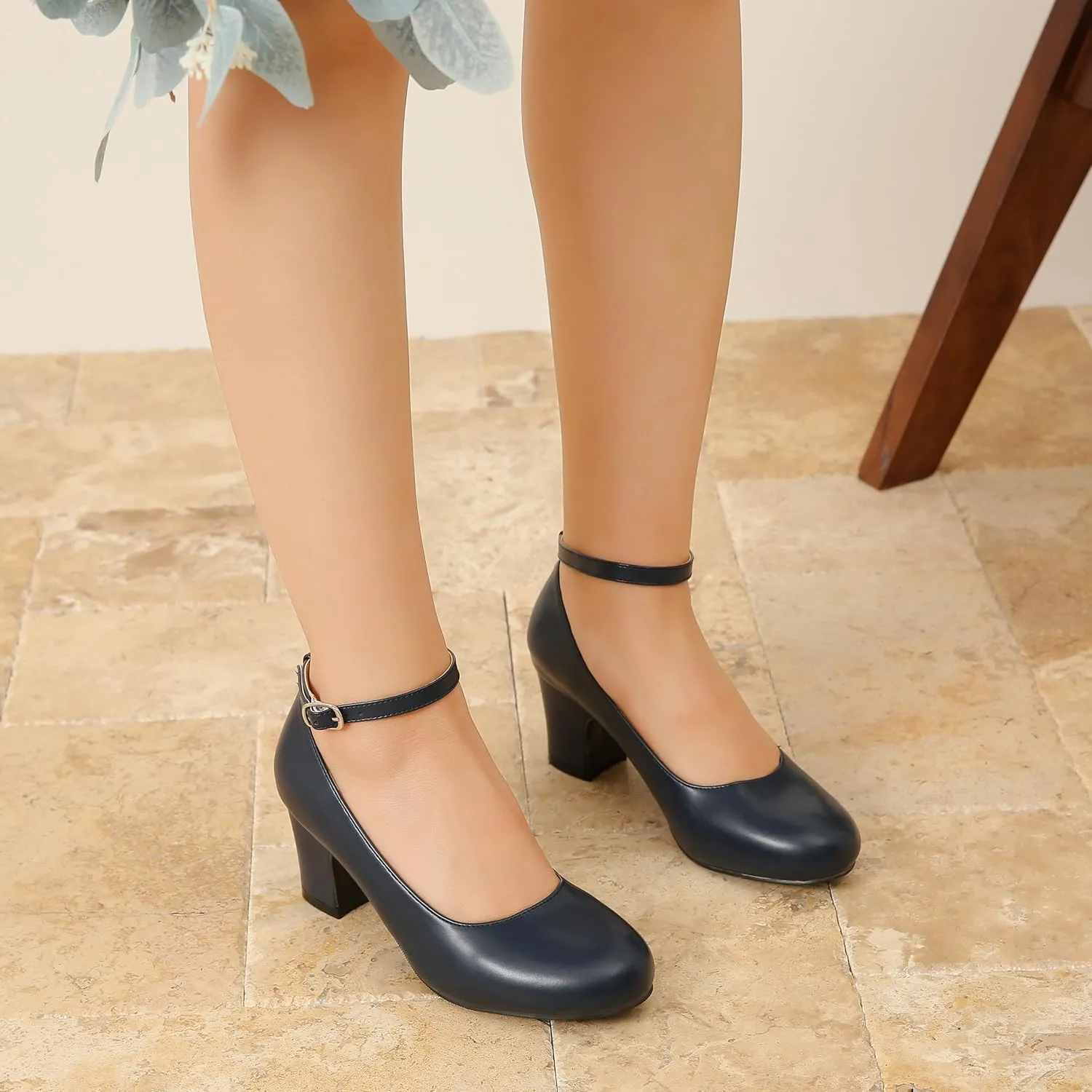 Women's Ankle Strap Closed Round Toe Pumps Low Chunky Block Heels Comfort Wedding Party Dress Evening Shoes
