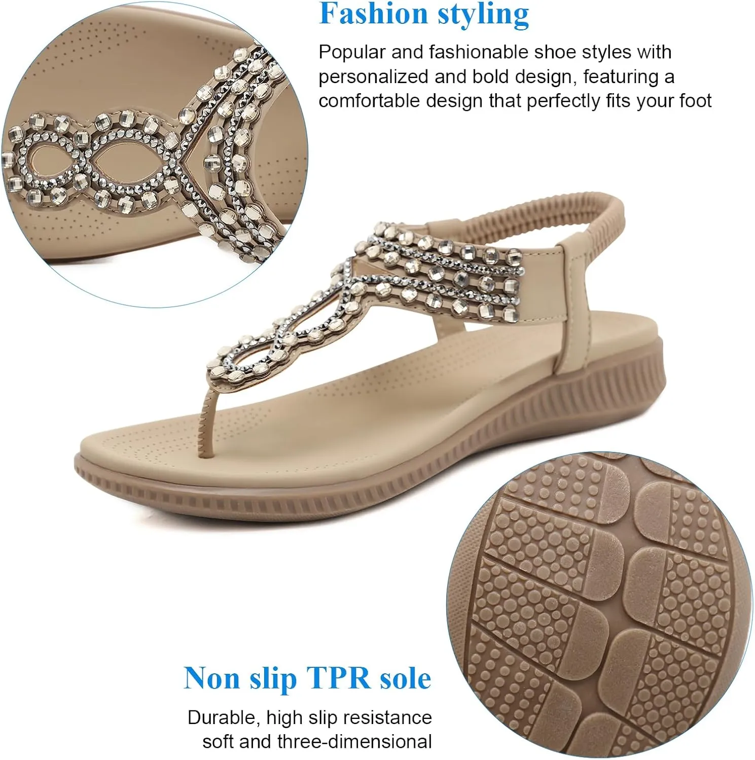 Women's Beaded Rhinestones Sandals T-Strap Bohemian Sandals Breathable Dressy Summer Shoes Outdoor