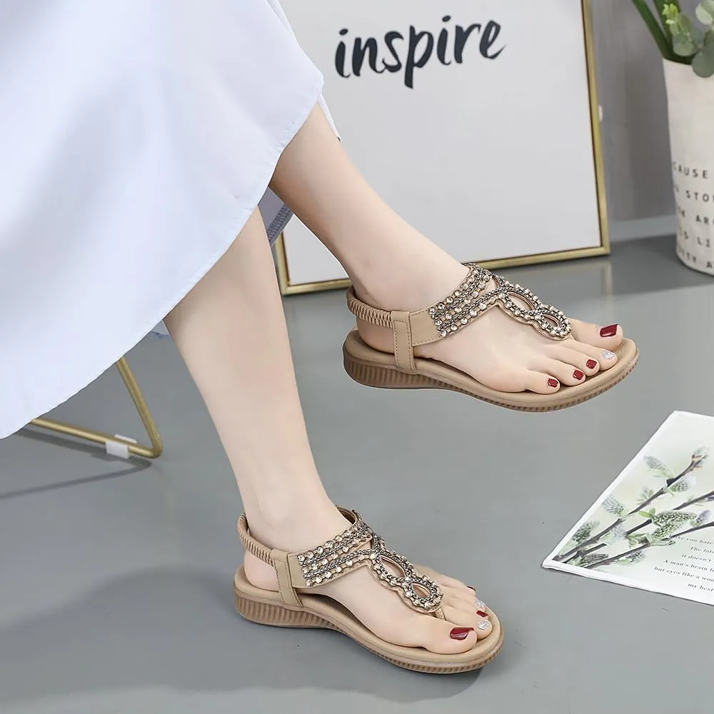 Women's Beaded Rhinestones Sandals T-Strap Bohemian Sandals Breathable Dressy Summer Shoes Outdoor