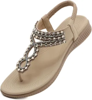 Women's Beaded Rhinestones Sandals T-Strap Bohemian Sandals Breathable Dressy Summer Shoes Outdoor