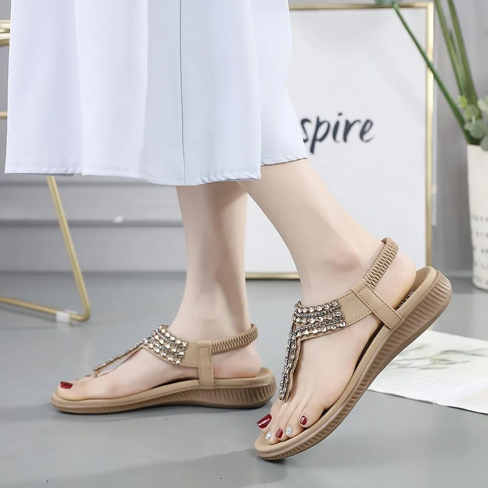 Women's Beaded Rhinestones Sandals T-Strap Bohemian Sandals Breathable Dressy Summer Shoes Outdoor