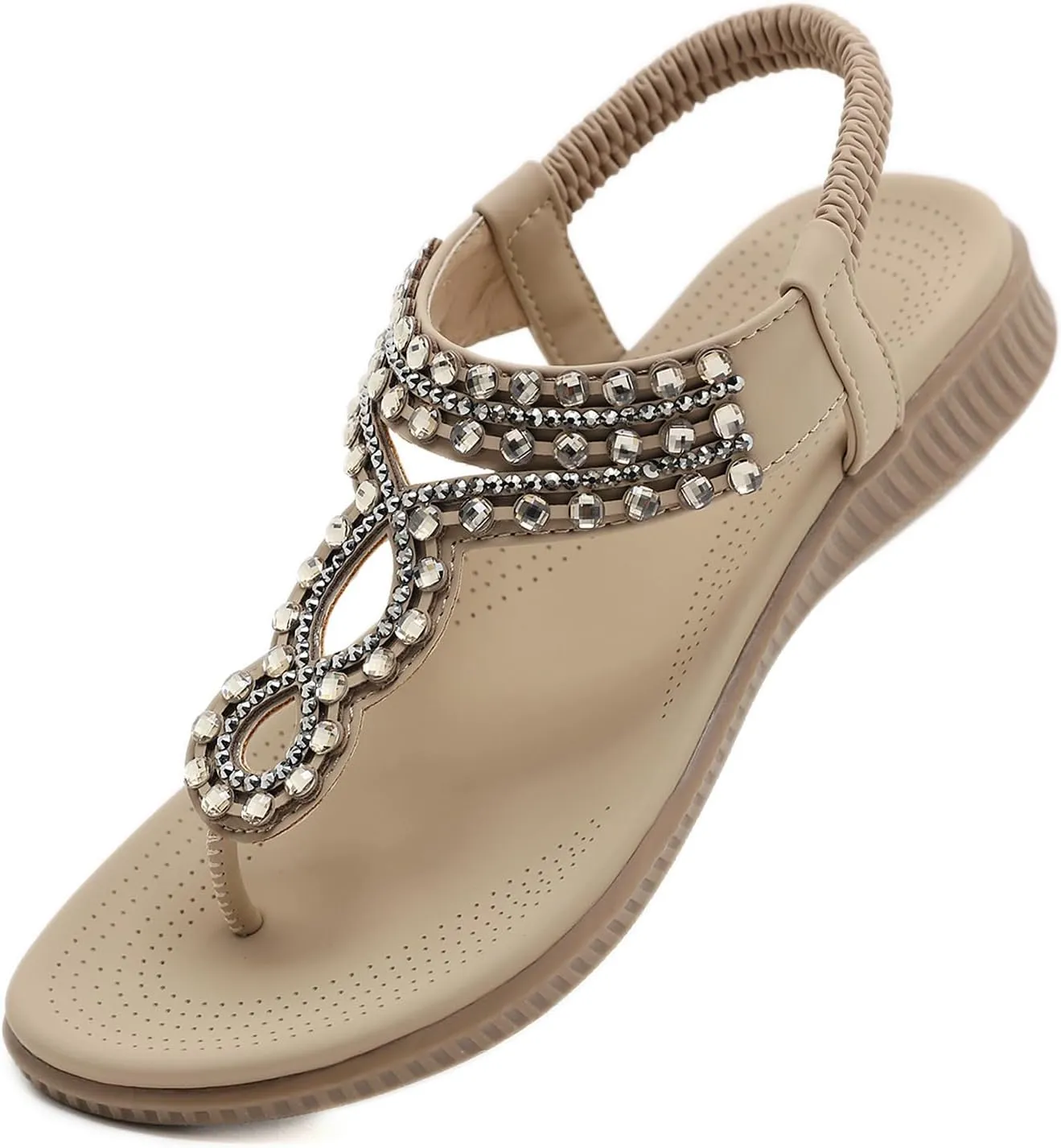 Women's Beaded Rhinestones Sandals T-Strap Bohemian Sandals Breathable Dressy Summer Shoes Outdoor