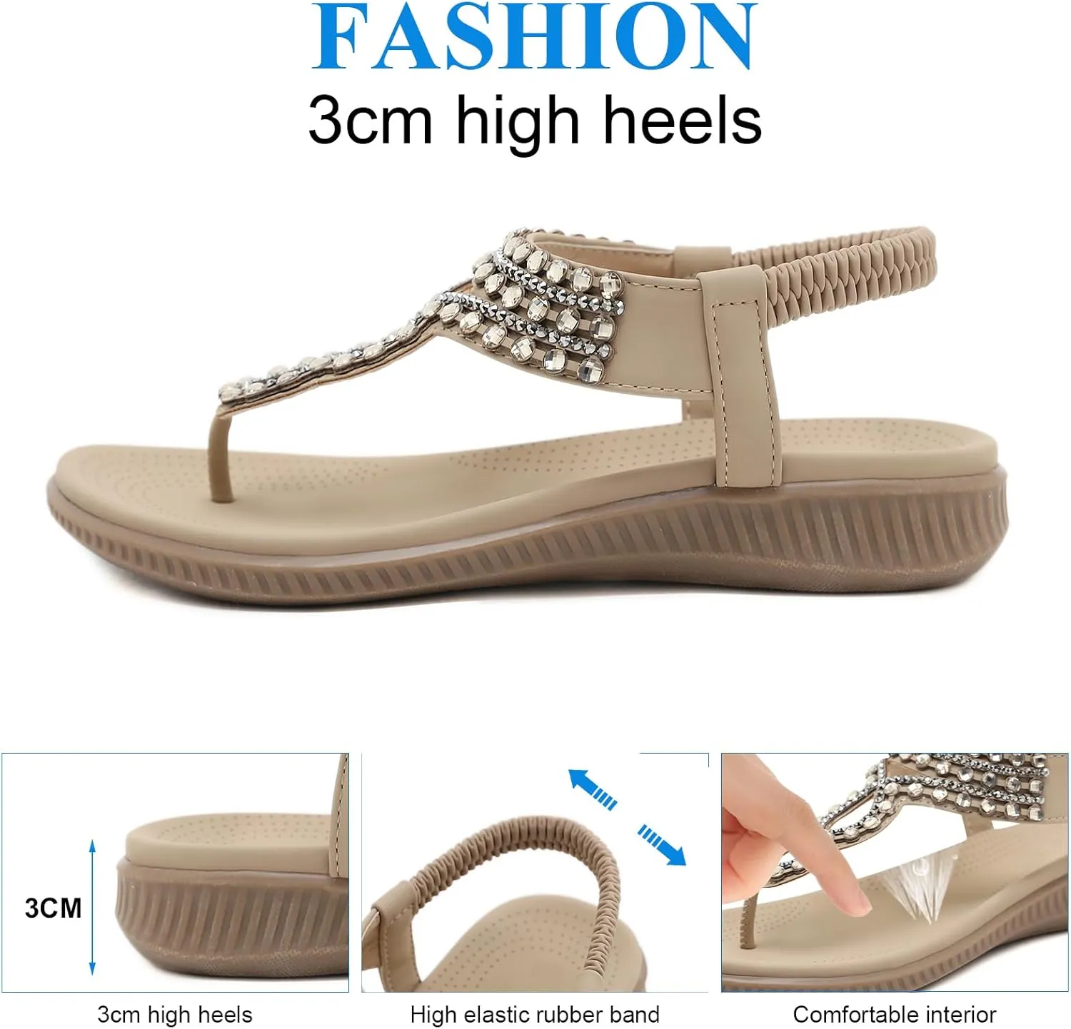 Women's Beaded Rhinestones Sandals T-Strap Bohemian Sandals Breathable Dressy Summer Shoes Outdoor