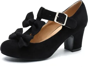 Women's Bow Heel Pumps Vintage T Strap Mary Jane Mid Chunky Heel Dress Shoes