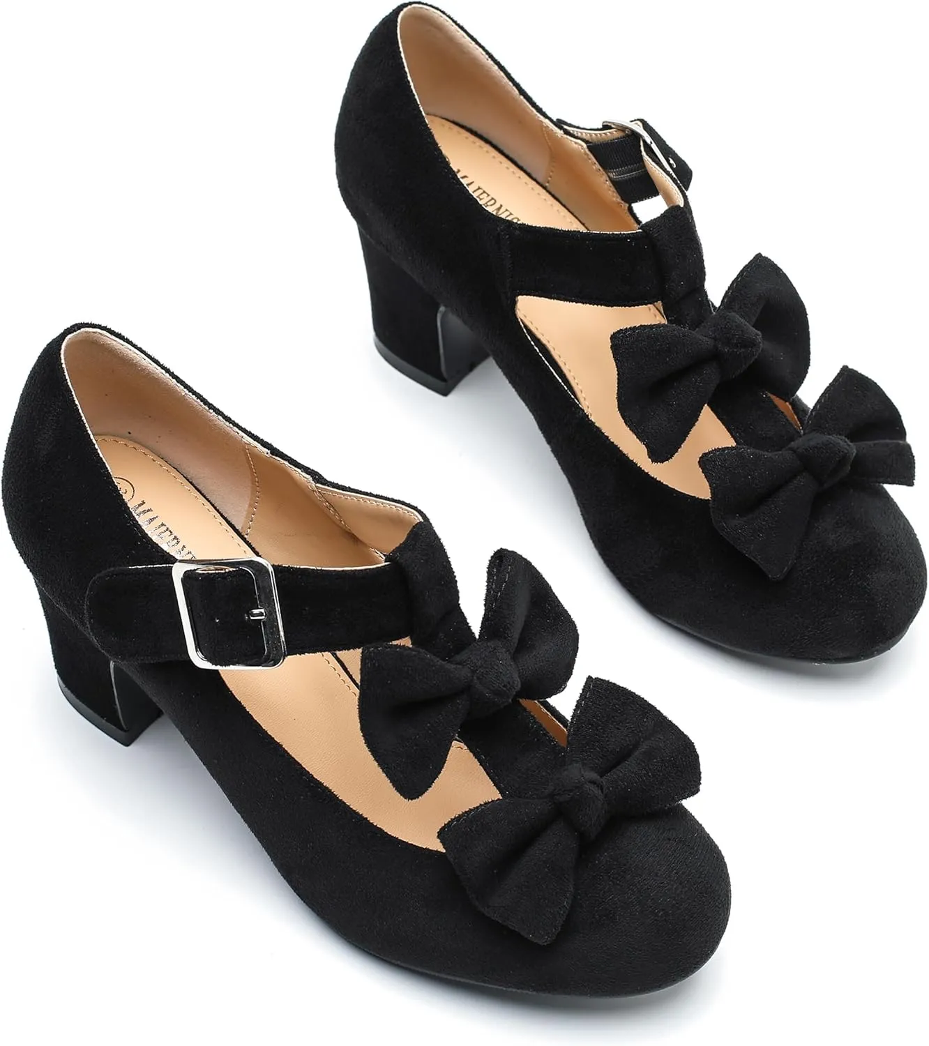 Women's Bow Heel Pumps Vintage T Strap Mary Jane Mid Chunky Heel Dress Shoes