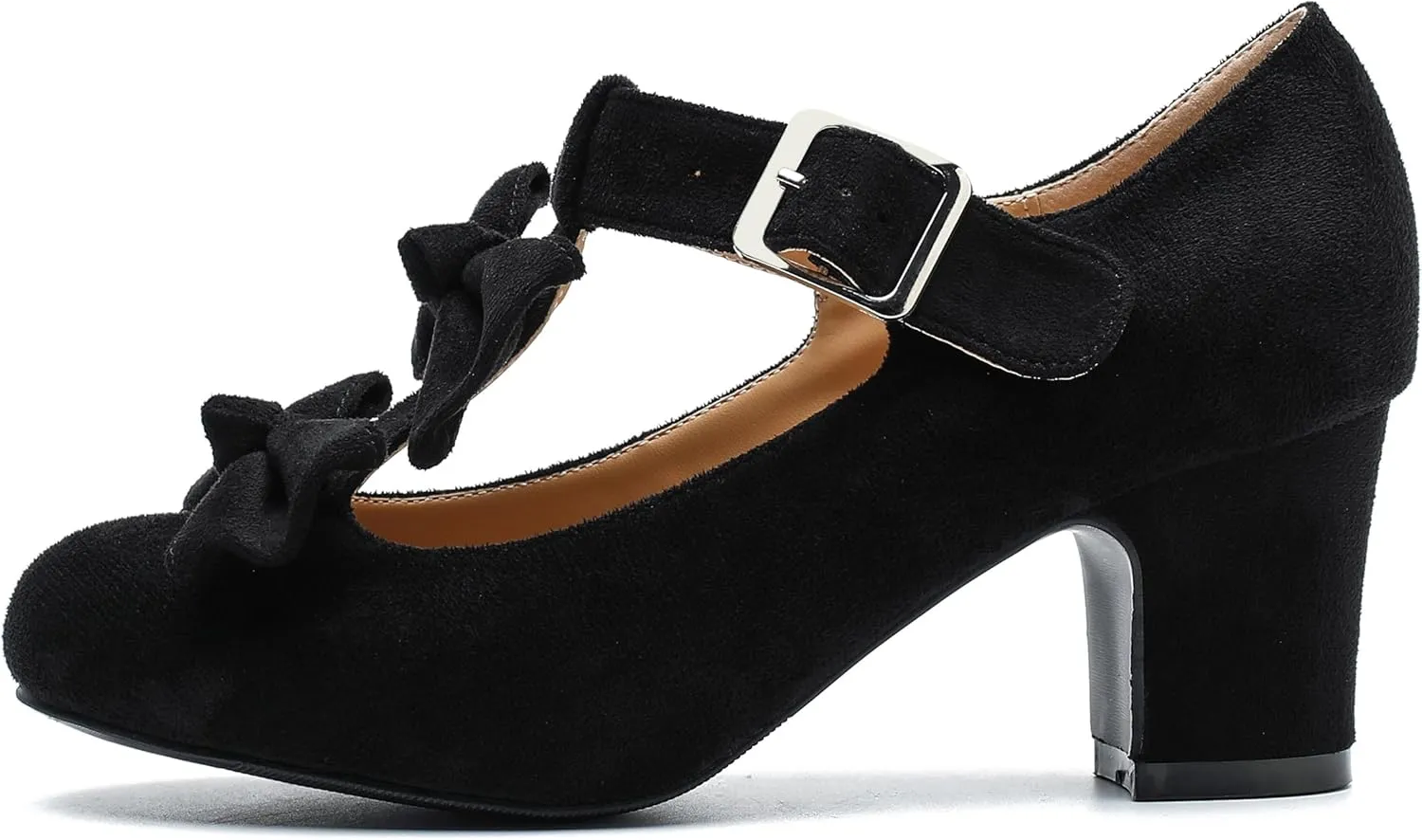 Women's Bow Heel Pumps Vintage T Strap Mary Jane Mid Chunky Heel Dress Shoes