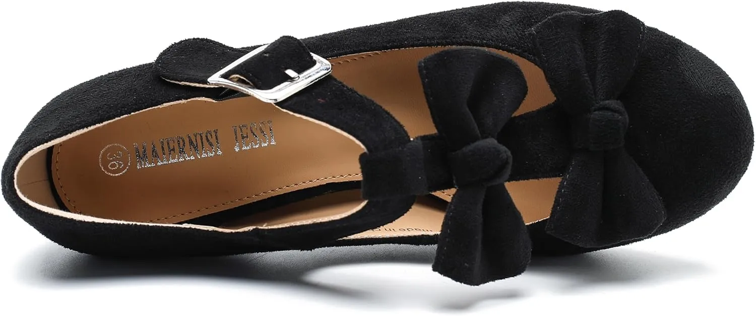 Women's Bow Heel Pumps Vintage T Strap Mary Jane Mid Chunky Heel Dress Shoes