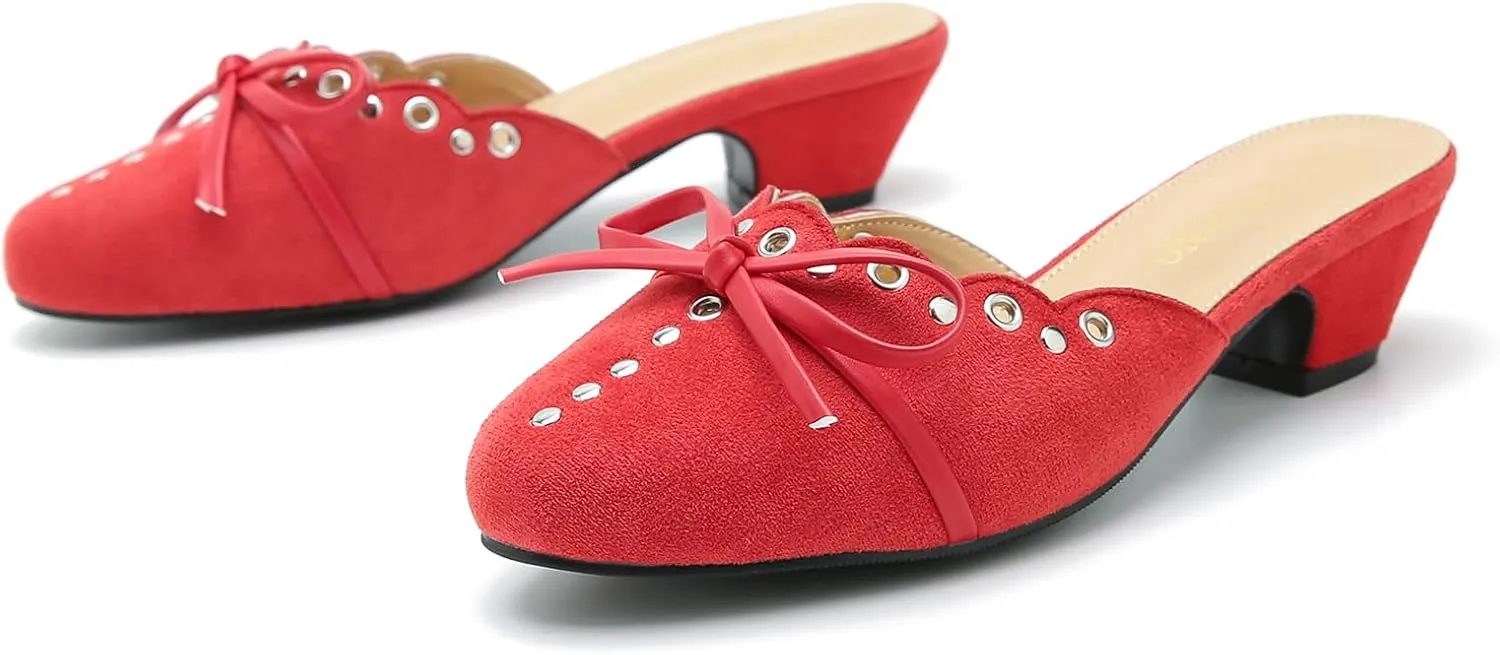 Women's Bow Heels Mules Pointed Toe Low Block Chunky Heeled Backless Slip on Slippers Sandals Comfortable Dress Work Shoes