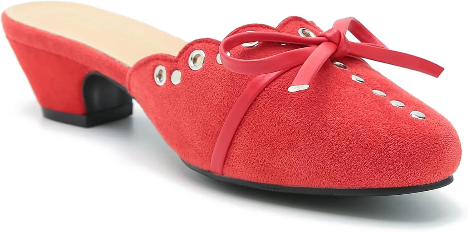 Women's Bow Heels Mules Pointed Toe Low Block Chunky Heeled Backless Slip on Slippers Sandals Comfortable Dress Work Shoes