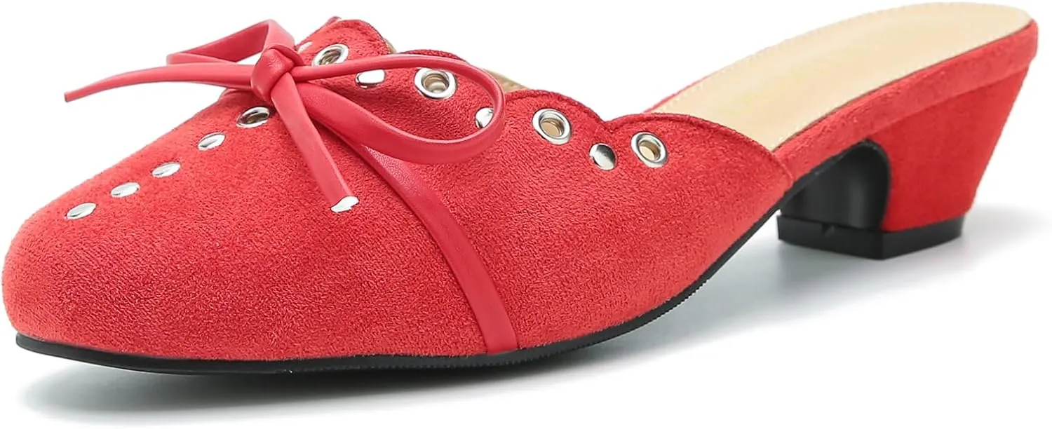 Women's Bow Heels Mules Pointed Toe Low Block Chunky Heeled Backless Slip on Slippers Sandals Comfortable Dress Work Shoes