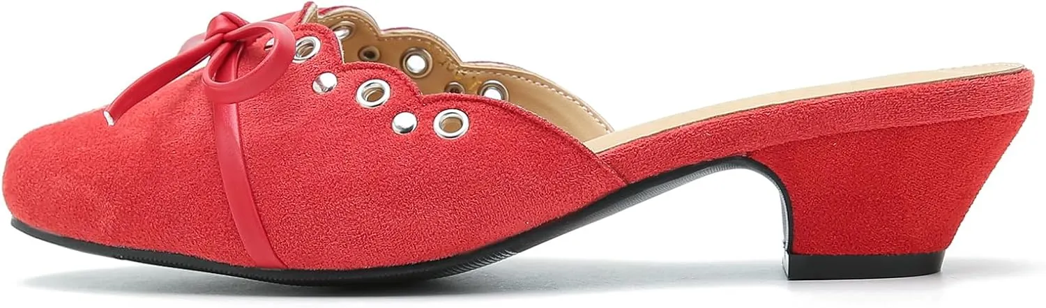 Women's Bow Heels Mules Pointed Toe Low Block Chunky Heeled Backless Slip on Slippers Sandals Comfortable Dress Work Shoes