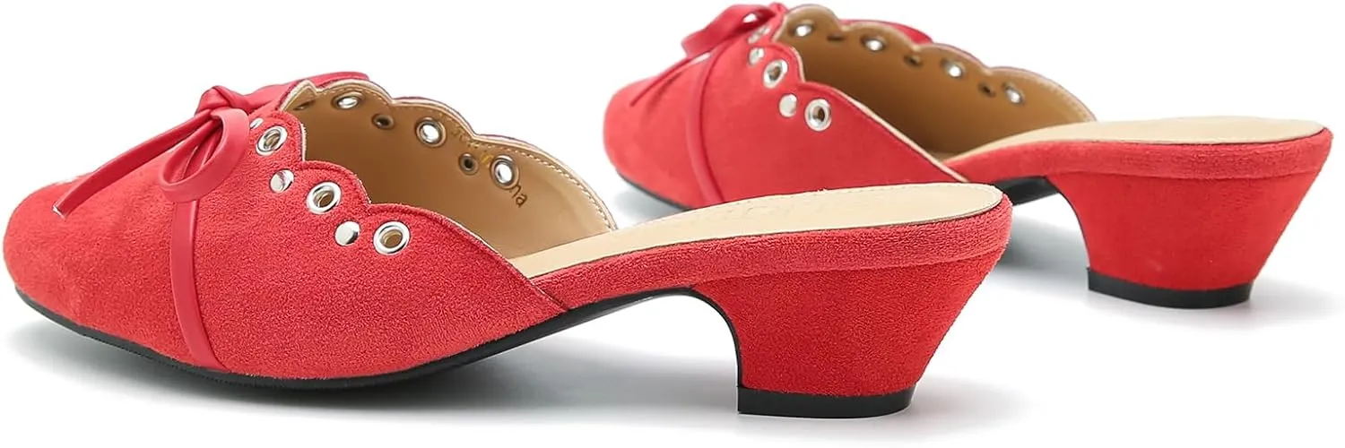 Women's Bow Heels Mules Pointed Toe Low Block Chunky Heeled Backless Slip on Slippers Sandals Comfortable Dress Work Shoes