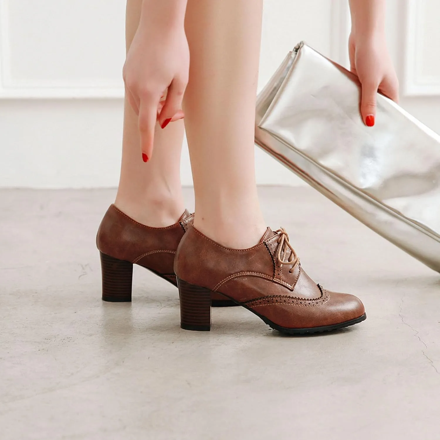 Womens Chunky High Heel Pumps Lace Up Oxfords Brogues Shoes