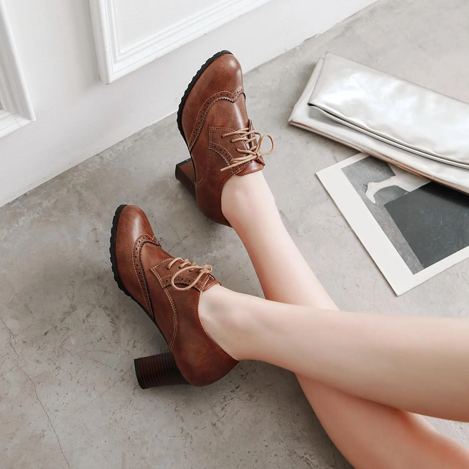 Womens Chunky High Heel Pumps Lace Up Oxfords Brogues Shoes