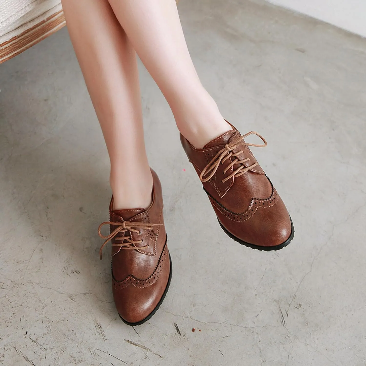 Womens Chunky High Heel Pumps Lace Up Oxfords Brogues Shoes