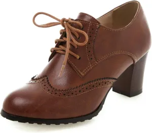 Womens Chunky High Heel Pumps Lace Up Oxfords Brogues Shoes