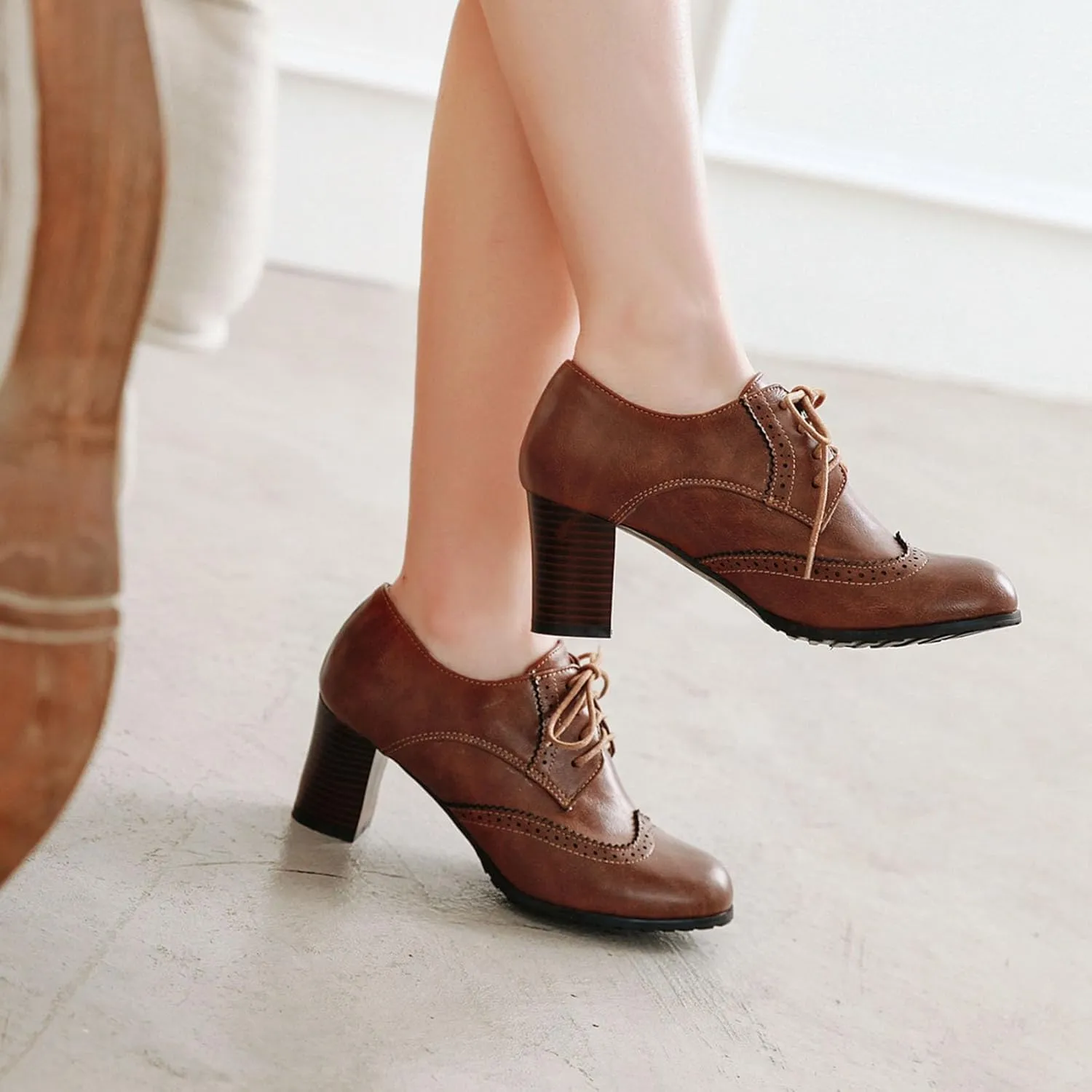 Womens Chunky High Heel Pumps Lace Up Oxfords Brogues Shoes