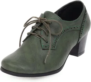 Women's Closed Toe Chunky Block Heel Oxfords Wingtip Lace Up Mid Heel Pumps Vintage Brogue Dress Shoes