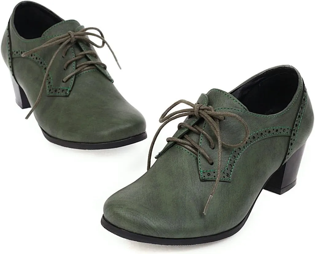 Women's Closed Toe Chunky Block Heel Oxfords Wingtip Lace Up Mid Heel Pumps Vintage Brogue Dress Shoes