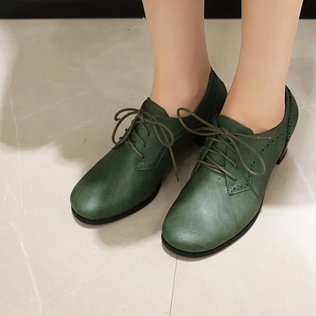 Women's Closed Toe Chunky Block Heel Oxfords Wingtip Lace Up Mid Heel Pumps Vintage Brogue Dress Shoes