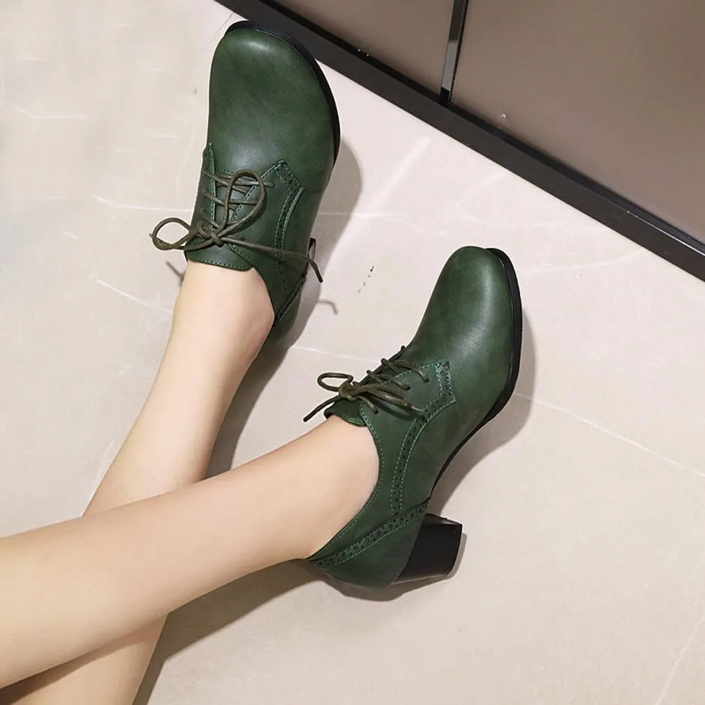 Women's Closed Toe Chunky Block Heel Oxfords Wingtip Lace Up Mid Heel Pumps Vintage Brogue Dress Shoes