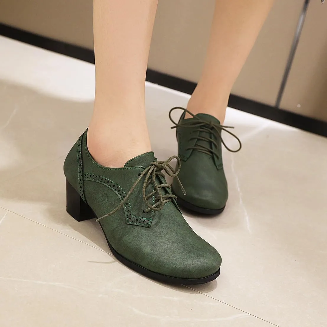 Women's Closed Toe Chunky Block Heel Oxfords Wingtip Lace Up Mid Heel Pumps Vintage Brogue Dress Shoes