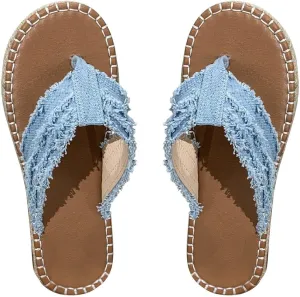 Womens Denim Slippers Plus Size Fashion Platform Straw Sandals Fisherman Beach Style Flip Flops Slip on Sandals