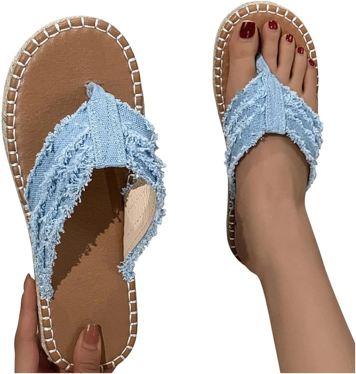 Womens Denim Slippers Plus Size Fashion Platform Straw Sandals Fisherman Beach Style Flip Flops Slip on Sandals